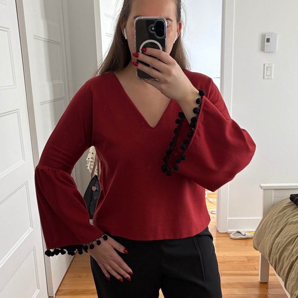 Marigold V-Neck Blouse with Black Pom-Pom Trim